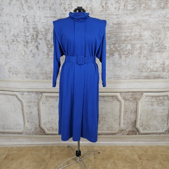 Vintage 80s Avante Garde Blue Dress M VTG 1980s Shirtdress Cobalt Wool Blend - Picture 3 of 11